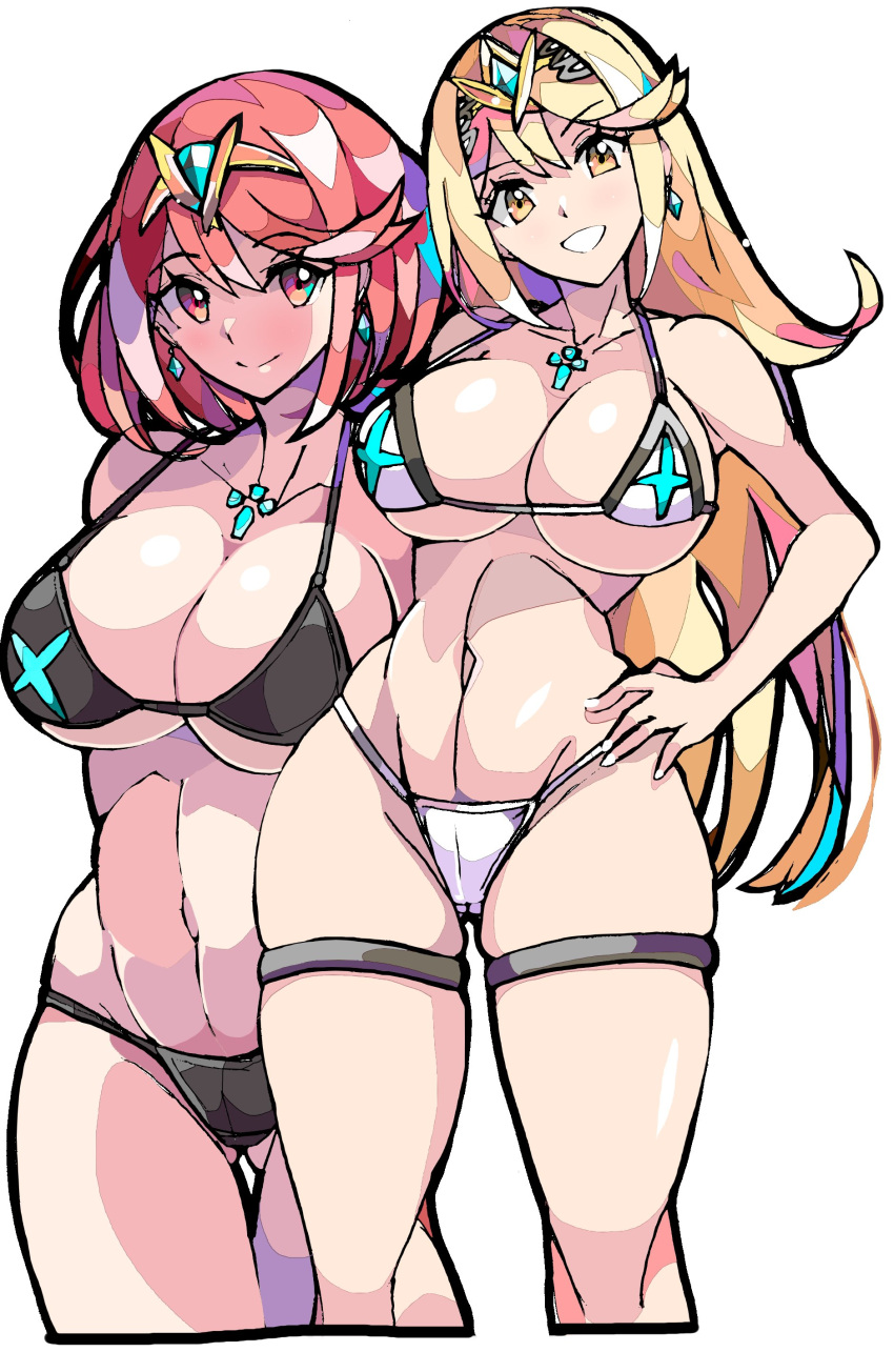 2girls bangs bikini blonde_hair breasts cleavage core_crystal deep_cleavage enpe female g-string gold_eyes hazel_eyes huge_breasts light-skinned_female light_skin long_hair looking_at_viewer mythra_(xenoblade) nintendo pyra_(xenoblade) red_eyes red_hair redhead short_hair simple_background smile swept_bangs thong thong_bikini underboob very_long_hair xenoblade_(series) xenoblade_chronicles_2