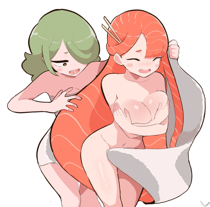 2girls akisas99 big_breasts embarrassed green_hair holding_breast long_hair multiple_girls orange_hair sashimi_(character) short_hair towel towel_slip wasabi_(character)