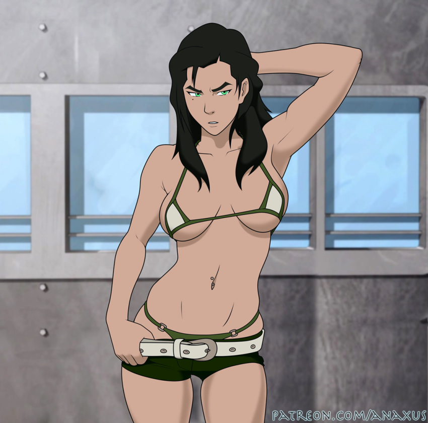 1girls alternate_costume alternate_hairstyle anaxus arm_above_head avatar_legends belt bra breasts clothing earth_kingdom female g-string green_eyes human jean_shorts kuvira legs_together light-skinned_female light_skin medium_breasts nipple_piercing panties pierced_belly_button posing revealing_clothes short_shorts shorts shorts_pull solo standing the_legend_of_korra thong thong_underwear traced traced_art