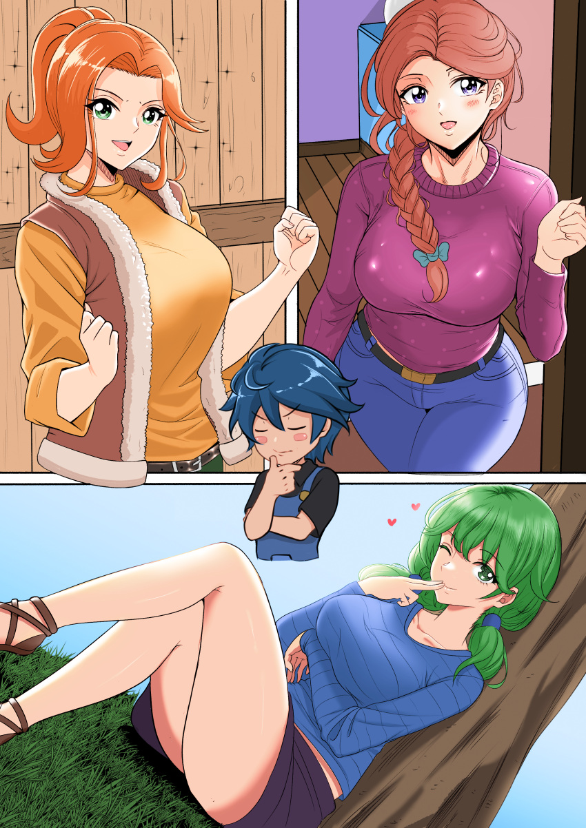 1boy 3girls arm_under_breasts belt braided_hair brunette caroline_(stardew_valley) crossed_legs finger_to_mouth fully_clothed green_hair jeans jodi_(stardew_valley) large_breasts looking_at_viewer mother mushymushy_desu outside ponytail red_hair ribbon robin_(stardew_valley) satansoft1 sitting stardew_valley sweater upskirt wink