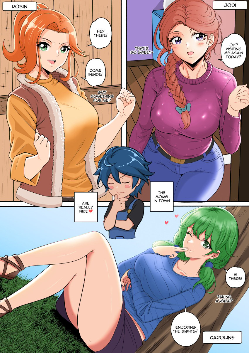 1boy 3girls arm_under_breasts belt braided_hair brunette caroline_(stardew_valley) crossed_legs finger_to_mouth fully_clothed green_hair jeans jodi_(stardew_valley) large_breasts looking_at_viewer mother mushymushy_desu outside ponytail red_hair ribbon robin_(stardew_valley) satansoft1 sitting stardew_valley sweater upskirt wink