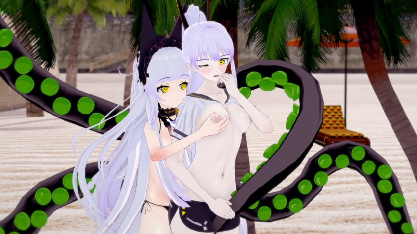 azur_lane blush cat_ears groping_breasts groping_from_behind observer_alpha_(azur_lane) siren_(azur_lane) siren_purifier_(azur_lane) tentacle w10305 white_hair