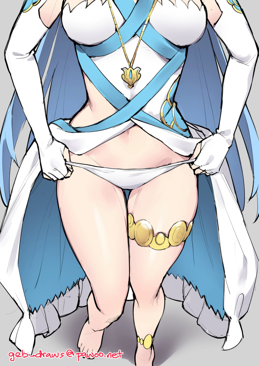 1girls azura_(fire_emblem) bare_legs barefoot blue_hair breasts clothing_cutout commentary dress elbow_gloves english_commentary fingerless_gloves fire_emblem fire_emblem_fates ge-b gebyy-terar gloves grey_background highres jewelry leglet legs long_hair medium_breasts navel nintendo panties pawoo_username pendant removing_panties simple_background small_breasts solo thigh_strap thighs toes underwear undressing very_long_hair white_dress white_gloves white_panties wide_hips