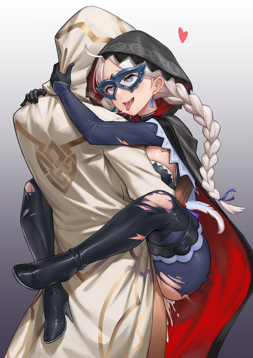 1boy 1girls absurdres ahoge alternate_costume black_footwear black_gloves blue_eyes blue_ribbon bodysuit boots braid breasts cape cloak clothed_sex commission commissioner_upload couple crystal_earrings cum cum_inside earrings eye_mask feathers female fire_emblem fire_emblem_fates fire_emblem_heroes gloves hair_ribbon happy_sex heart heart-shaped_pupils high_heel_boots high_heels highres hood hood_up hooded_cape hooded_cloak jewelry kiran_(fire_emblem) kiran_(fire_emblem)_(male) kiran_(male)_(fire_emblem) leglock long_hair low_twin_braids male medium_breasts nina_(fire_emblem) nina_(thief)_(fire_emblem) nintendo non-web_source official_alternate_costume open_mouth parted_bangs ribbon saliva sex straight symbol-shaped_pupils teeth thigh_boots tongue tongue_out torn_bodysuit torn_clothes turtleneck twin_braids two-tone_cape upper_teeth_only zero_a