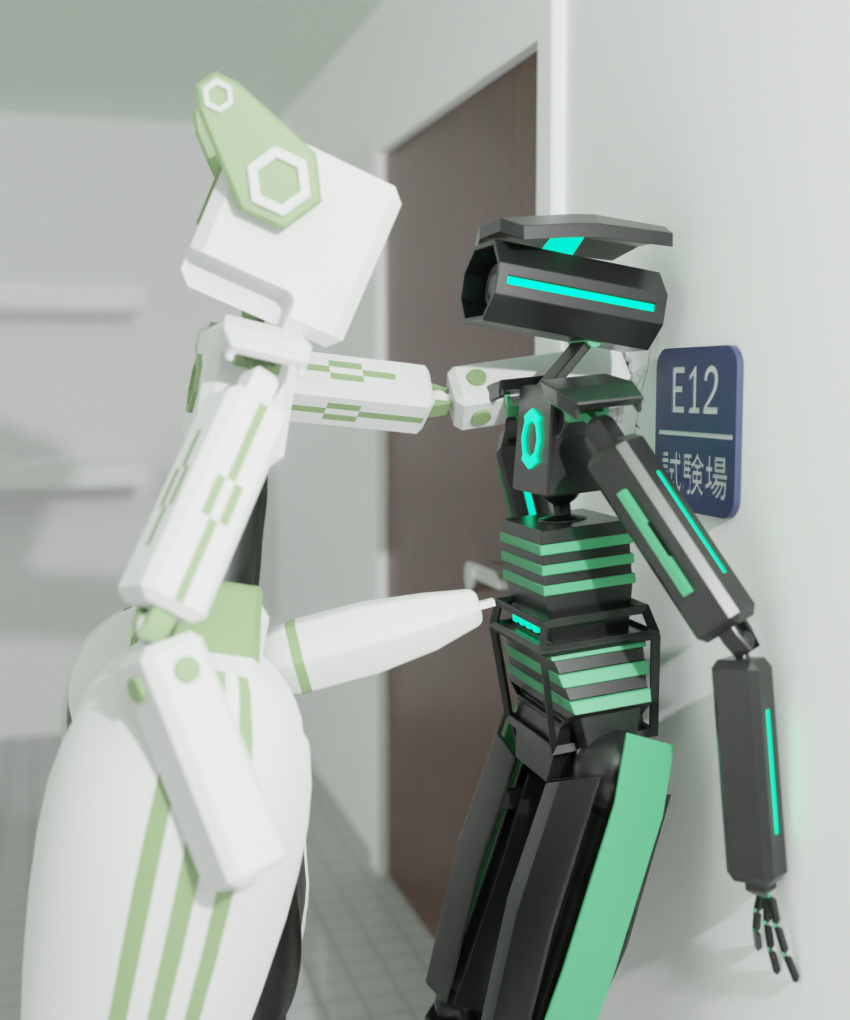 2boys 3d 5:6 ambiguous_gender duo eye_contact genitals hi_res inside kabedon kolajo kolajo_(character) looking_at_another machine male not_furry penis robot robot_boy standing