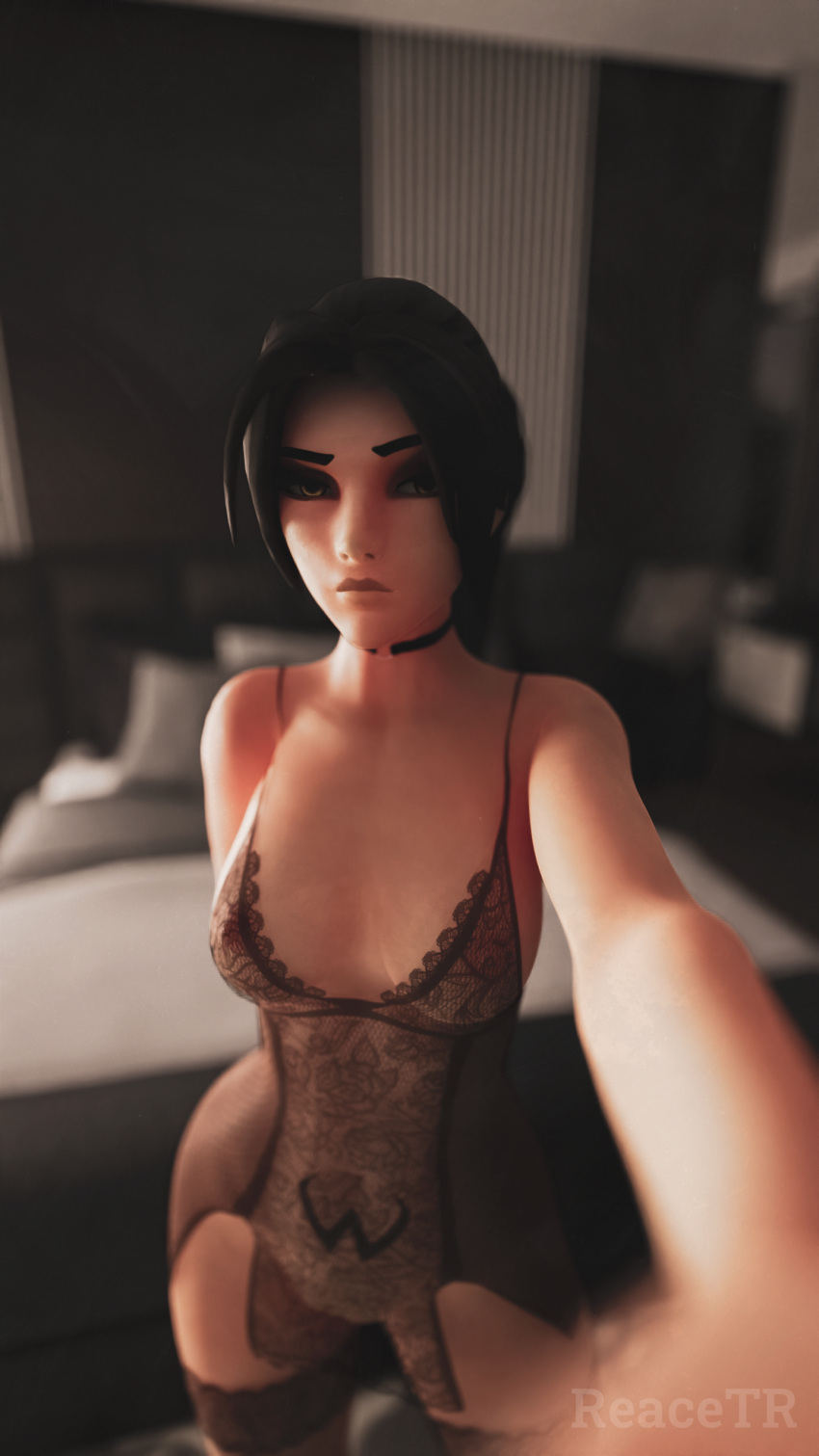 1girls 3d amelie_lacroix bed bedroom black_hair blizzard_entertainment eyeshadow female female_focus female_only light_skin lingerie looking_at_viewer makeup overwatch overwatch_2 reace_tr self_upload selfie widowmaker