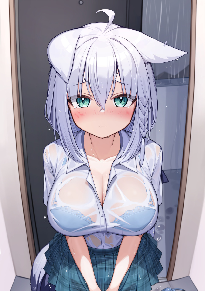 1girls ahoge blush bra braid breasts cleavage deaver fox_ears fox_girl fox_tail green_eyes hi_res hololive hololive_gamers hololive_gen_1 hololive_japan huge_breasts light-skinned_female light_skin long_hair looking_at_viewer pleated_skirt see-through shirakami_fubuki single_braid tear virtual_youtuber wet wet_clothes white_hair