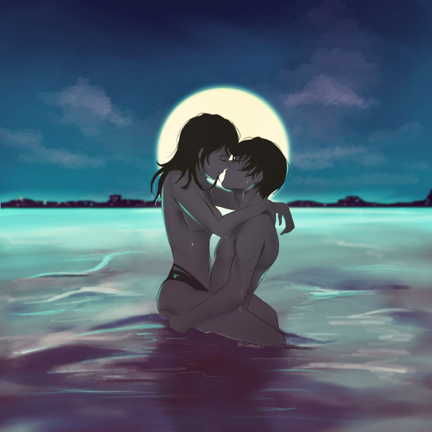 1boy 1girls beach female izumixkei kissing male marius_von_hagen mihoyo night nude ocean rosa_(tears_of_themis) stand_and_carry_position straight straight tears_of_themis topless water