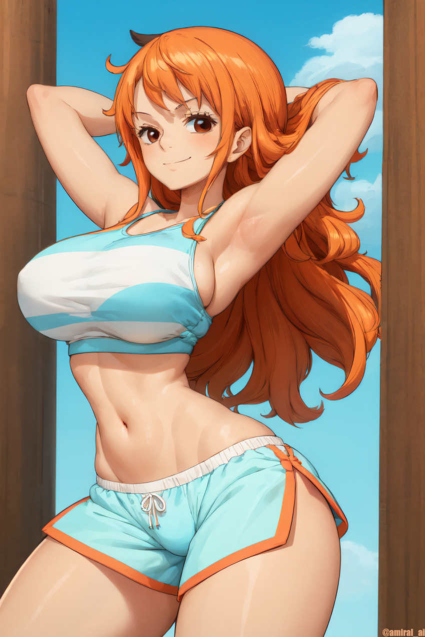 1girls ai_generated amiral_ai armpits arms_up booty_shorts breasts dolphin_shorts female female_only huge_breasts light-skinned_female light_skin long_hair nami one_piece orange_hair post-timeskip presenting_armpit short_shorts shorts slim_waist smile thick_thighs thighs