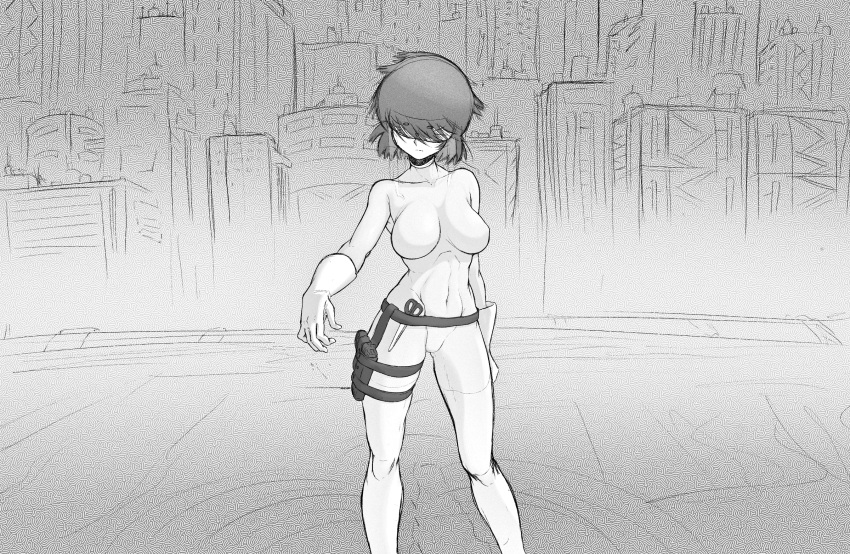 2020 author2 belt black_hair bodysuit city cosplay crossover digital_media_(artwork) ghost_in_the_shell hair_over_eyes monochrome navel nazo_no_kanojo_x ocean parody pistol scissors short_hair urabe_mikoto visor