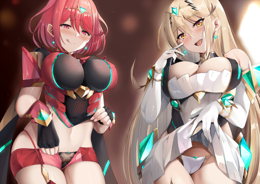 2girls blonde_hair breasts daive female flashing_panties gold_eyes hi_res hips huge_breasts light-skinned_female light_skin long_hair looking_at_viewer mythra naughty_face nintendo panties pyra red_eyes red_hair short_hair smile suggestive_look thick_thighs thighs wide_hips xenoblade_(series) xenoblade_chronicles_2