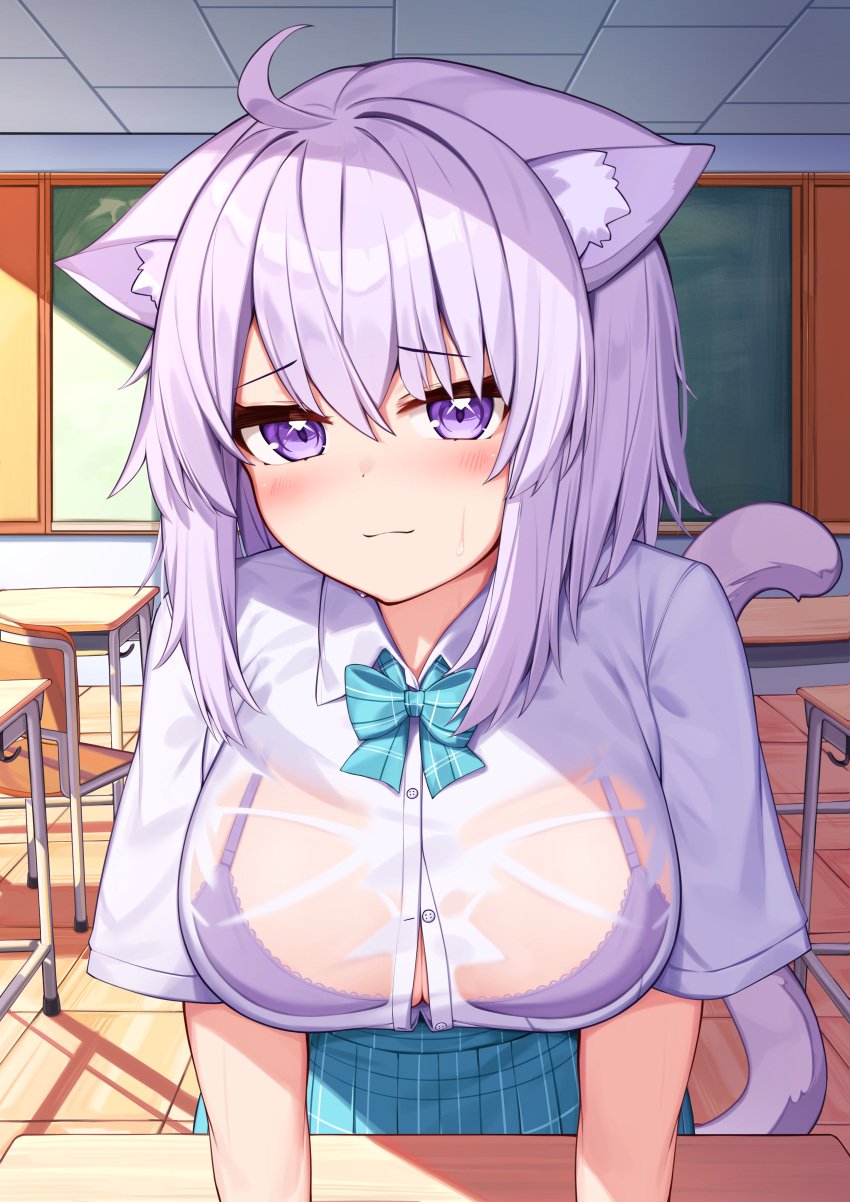 1girls ahoge blush bra cat_ears cat_tail catgirl classroom deaver hi_res hololive hololive_gamers hololive_japan huge_breasts looking_at_viewer nekomata_okayu purple_eyes purple_hair school_uniform see-through sweat virtual_youtuber wet wet_clothes