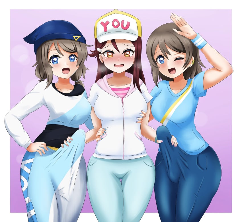 1girls 2futas balls balls_under_clothes beanie big_breasts big_penis blue_eyes blue_nails blush breasts brown_hair bulge bulge_through_clothing clone clothed clothing danzfloor double_handjob drooling erection erection_under_clothes female fully_clothed fully_clothed_female futa_on_female futanari hand_around_waist hand_on_breast handjob handjob_over_clothes hat highres human imminent_sex large_penis light-skinned_female light-skinned_futanari light_brown_hair light_skin long_hair love_live! love_live!_sunshine!! open_mouth painted_nails penis pink_nails pitching_a_tent posing purple_nails red_hair sakurauchi_riko short_hair standing tenting testicles tongue visible_breath watanabe_you winking workout_clothes wristband yellow_eyes