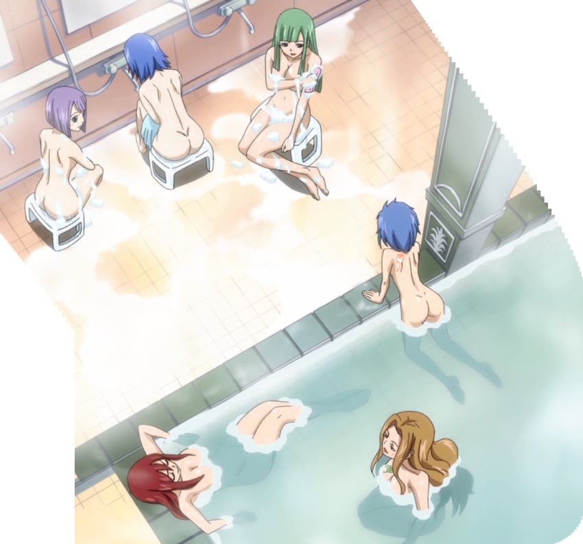 6girls ass bathing bisca_connell blue_hair brown_hair erza_scarlet evergreen_(fairy_tail) fairy_tail female green_hair juvia_lockser laki_olietta levy_mcgarden mature_female multiple_girls no_bra no_panties nude nude_female purple_hair red_hair stitched