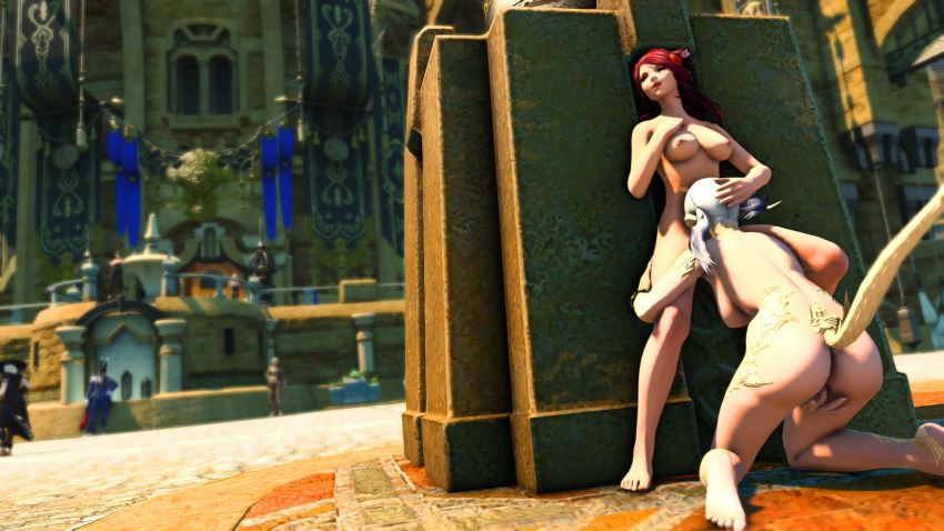 3d ass au_ra blue_eyes breasts cunnilingus exhibitionism exhibitionist feet female female_only final_fantasy final_fantasy_xiv fingering gpose(ffxiv) lilac_hair miqo'te nude nude_female nudity presenting_hindquarters public public_nudity public_sex red_hair rosanne_leia_faerwing rosefaerwing tail