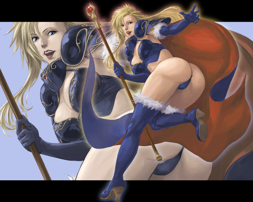 2009 armor ass ass_focus bent_over blonde_hair blue_eyes boots brandish_(game) brandish_-the_dark_revenant- breasts cape cleavage commentary_request dela_delon falcom female high_heels large_breasts lipstick long_hair looking_back makeup open_mouth ryu_(gaquarium) shoes solo staff teeth thigh_boots thighhighs zoom_layer