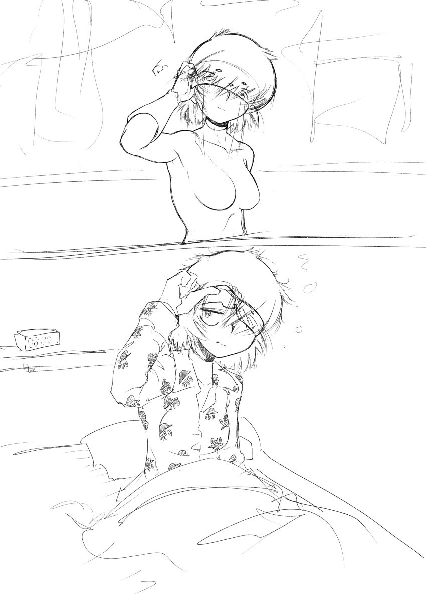 2020 2koma author2 bed black_hair bodysuit clock cosplay digital_media_(artwork) ghost_in_the_shell hair_over_eyes hair_over_one_eye monochrome nazo_no_kanojo_x pajamas parody short_hair sleeping_mask sleepy ufo urabe_mikoto visor