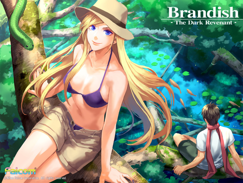 1boy 1girls 2014 alternate_costume ares_toraernos arm_support artist_request bikini black_hair blonde_hair blue_eyes brandish_(game) brandish_-the_dark_revenant- breasts casual cleavage collarbone company_name copyright_name dela_delon falcom female fish forest hat lily_pad lipstick long_hair looking_at_viewer makeup medium_breasts nail_polish nature official_art open_fly pink_lips short_hair shorts sitting smile snake swimsuit unbuttoned unzipped water