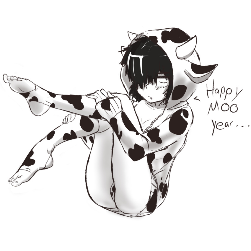 alternate_costume animal_ears animal_print ass bikini black_hair black_hairband blush chinese_zodiac cow_ears cow_horns cow_print english_text fake_animal_ears fake_horns feet female fingerless_gloves full_body gloves hair_over_one_eye hairband halterneck happy_new_year highres hoodie horns micro_bikini monochrome nazo_no_kanojo_x print_bikini print_gloves print_legwear short_hair simple_background socks solo stirrup_legwear swimsuit toeless_legwear urabe_mikoto veko_draw_friendo white_background white_bikini year_of_the_ox