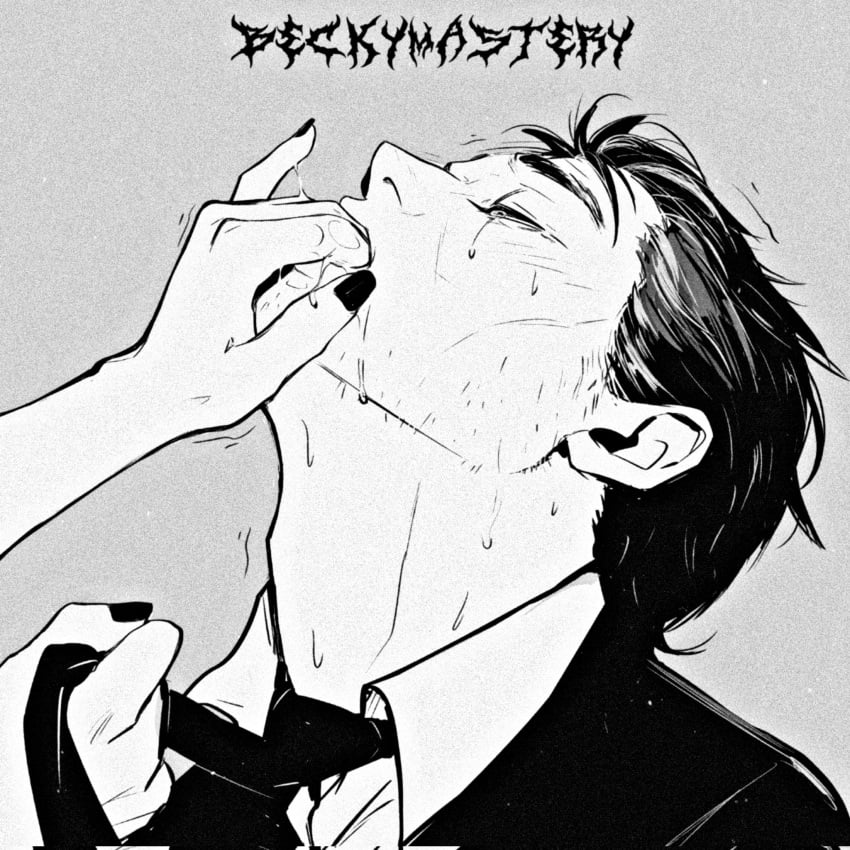 1boy1girl beckymastery_(artist) closed_eyes facial_hair femdom finger_in_mouth older_male painted_nails pulling_tie saliva tears tie