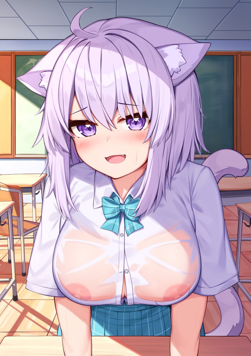 1girls ahoge blush bra cat_ears cat_tail catgirl classroom deaver hi_res hololive hololive_gamers hololive_japan huge_breasts looking_at_viewer nekomata_okayu nipples no_bra purple_eyes purple_hair school_uniform see-through sweat tagme virtual_youtuber wet wet_clothes