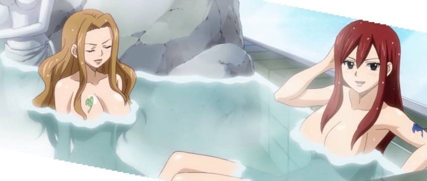 2girls bathing erza_scarlet evergreen_(fairy_tail) fairy_tail female female_only multiple_girls stitched