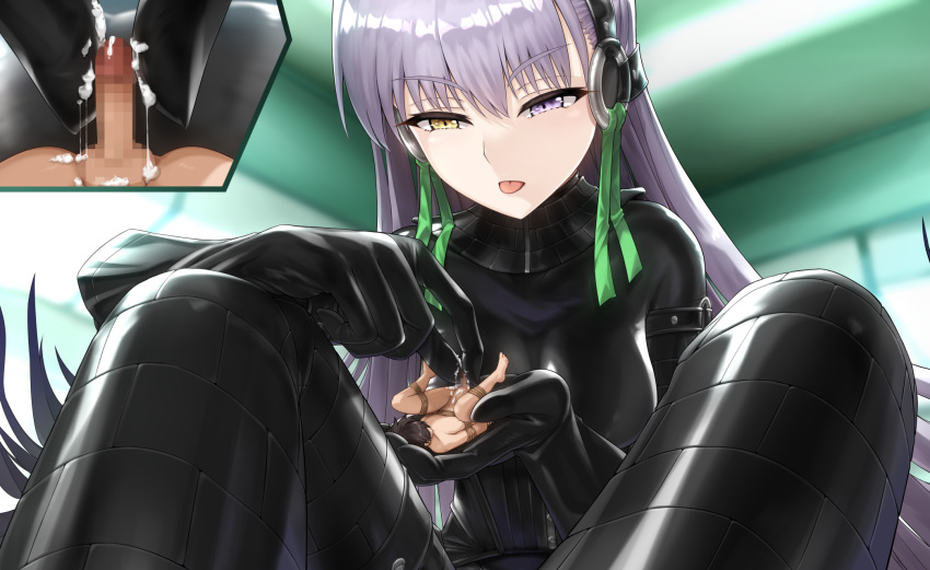 1boy black_bodysuit bodysuit brown_hair cum cum_on_fingers cum_on_hand fate_(series) female giantess handjob heterochromia kingprotea kingprotea_(alter) long_hair nm_(tshell2761) purple_eyes purple_hair restrained tongue_out yellow_eyes