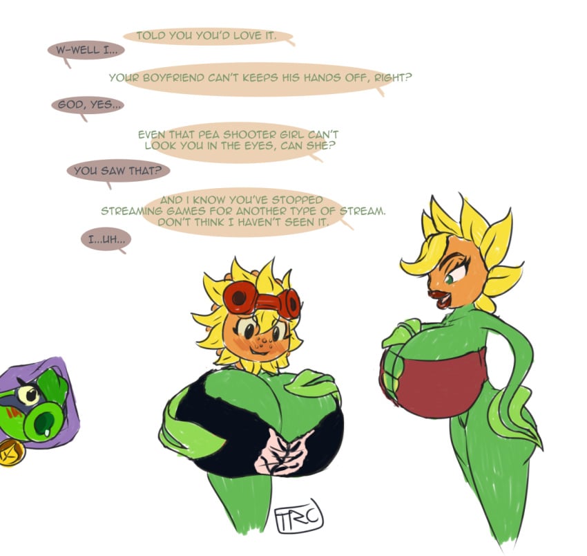 :>= english_text green_shadow_(pvz) hyper hyper_breasts large_breasts miss_sunflower peashooter_(pvz) plantie plants_vs_zombies plants_vs_zombies:_heroes solar_flare_(pvz) sunflower_(conker's_bad_fur_day) tagme tagme_(artist) text