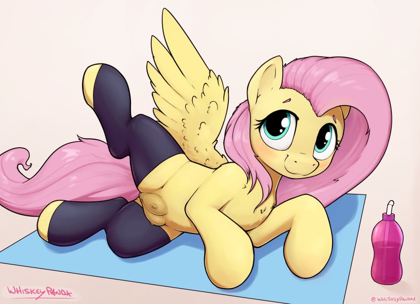 blush bottle container crotchboobs equid equine female fluttershy_(mlp) friendship_is_magic hasbro hi_res horse looking_at_viewer mammal my_little_pony pegasus pony presenting raised_leg smile smiling_at_viewer solo solo_focus spread_legs spread_wings spreading water_bottle whiskeypanda wings yoga yoga_mat