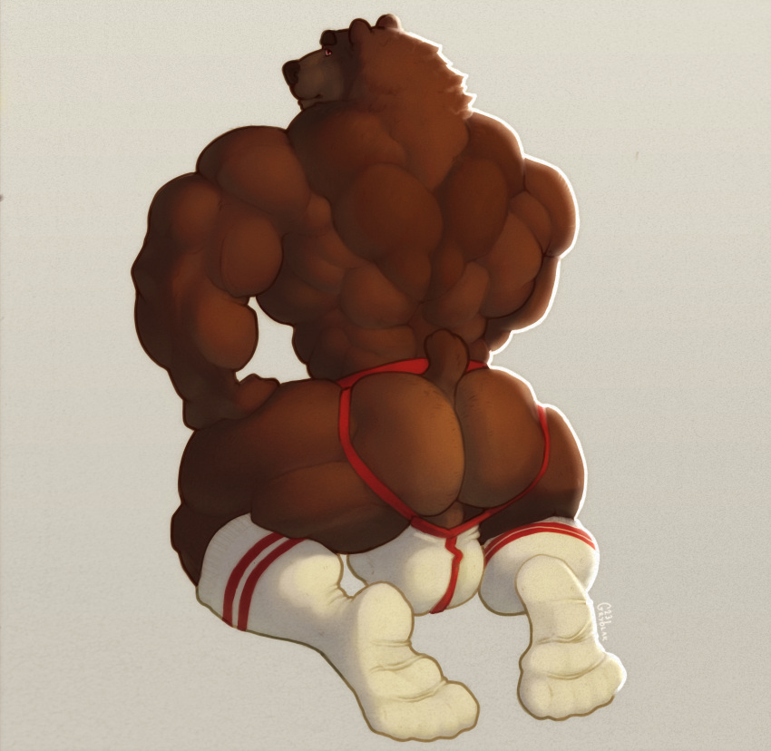 absurd_res anthro ass back_muscles balls_outline bear biceps biped brown_body brown_fur bulge clothed clothing detailed_bulge footwear fur genital_outline gryblak hi_res hyper jock jockstrap legwear looking_at_viewer looking_back male mammal muscular muscular_anthro muscular_butt muscular_male muscular_thighs perineum rear_view simple_background small_tail socks solo sportswear tail underwear