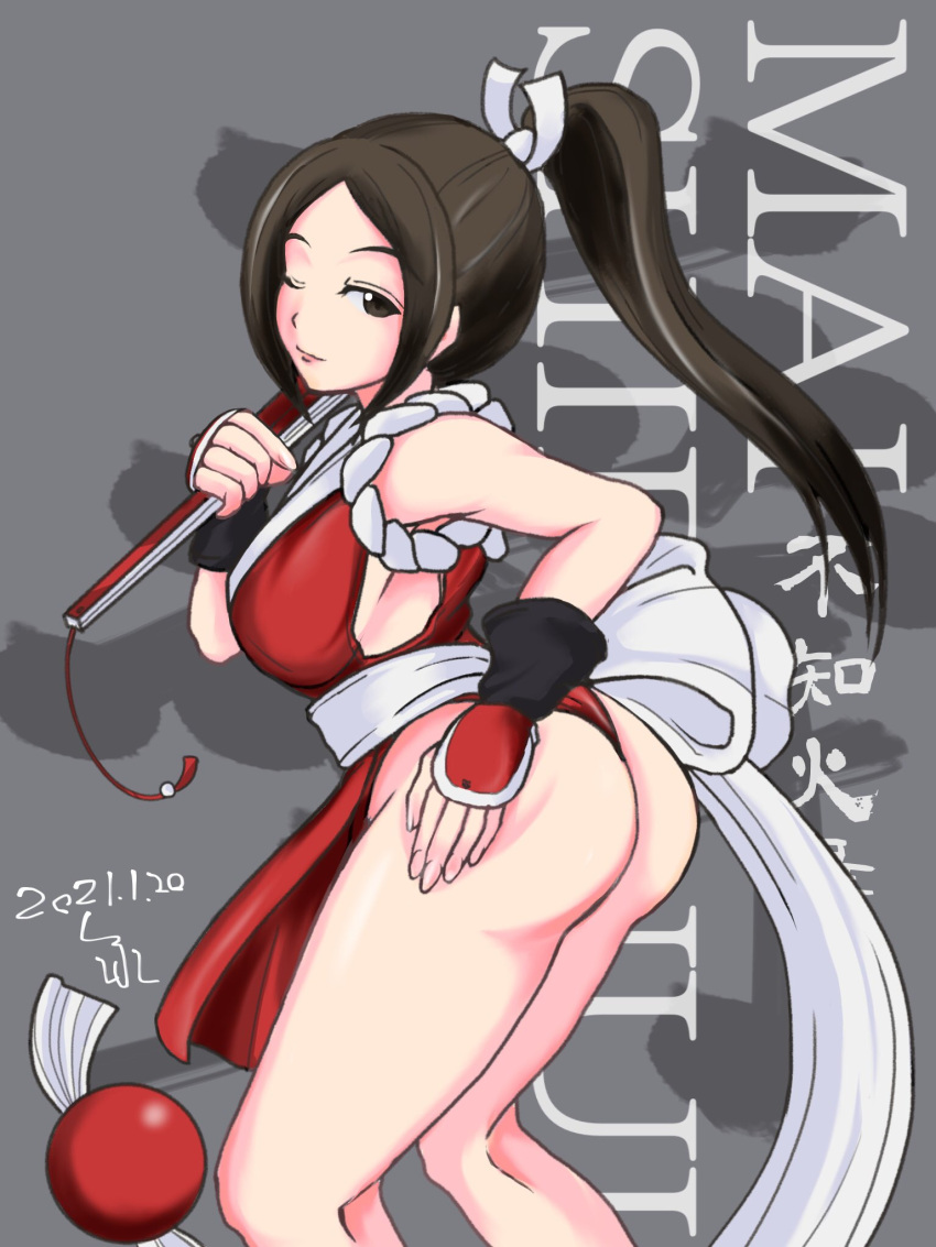 1girls ass big_ass big_breasts breasts brown_eyes brown_hair busty cleavage fatal_fury female female_only fingerless_gloves gloves hand_fan hand_on_ass hand_on_own_ass highres king_of_fighters large_breasts long_hair mai_shiranui one_eye_closed ponytail pose posing seductive_smile sensual shihu_zou smile snk solo thong_leotard voluptuous