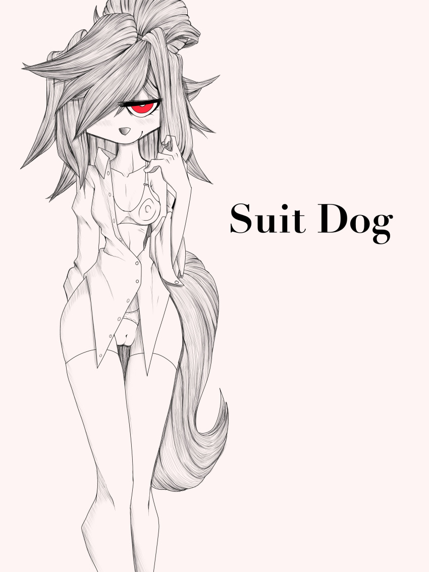 absurd_res anthro bra canid canine canis clothing domestic_dog female garter_belt garter_straps genitals hi_res homeless_dog leggings legwear lingerie mammal monochrome one_eye_obstructed ponporio_(artist) pussy red_and_white red_eyes shirt simple_background solo topwear underwear