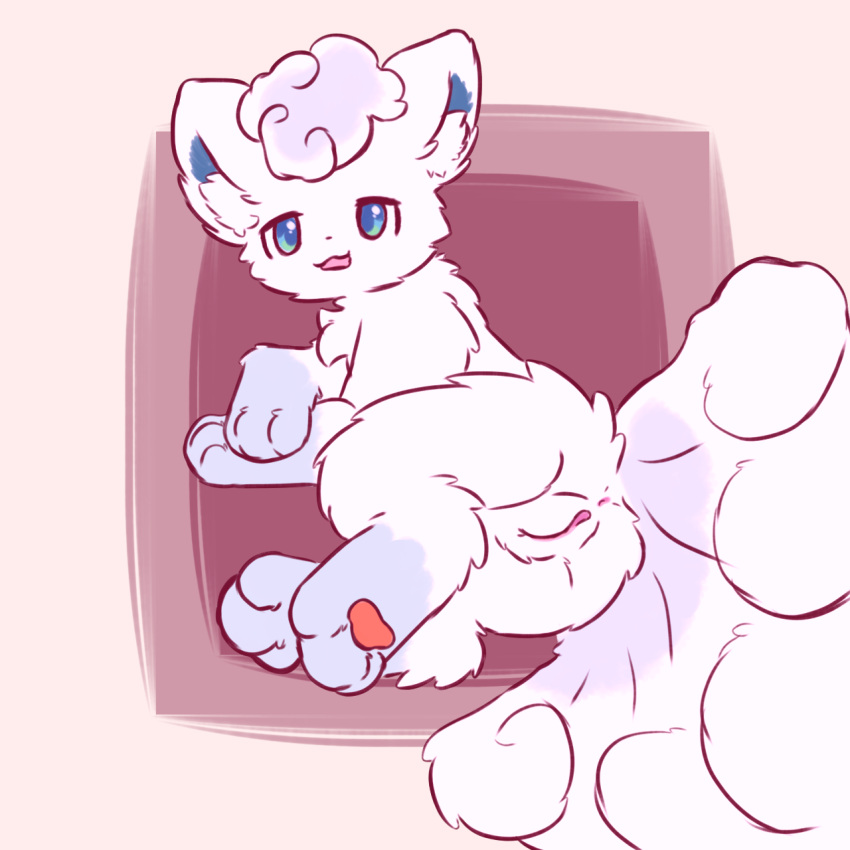 1:1 alolan_form alolan_vulpix anus big_tail blue_eyes crossed_legs digital_media_(artwork) feet female feral fluffy fluffy_tail foot_focus fur genitals hair hi_res inner_ear_fluff mrcat11 multi_tail nintendo nude open_mouth paws pokemon pokemon_(species) presenting presenting_anus presenting_pussy pussy regional_form_(pokemon) simple_background smile solo tail toes tuft vulpix white_body white_fur