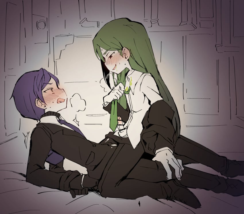 2boys blush blushing breath breath_cloud censor_bar censored censored_penis fully_clothed fully_clothed_male gay green_hair library_of_ruina lobotomy_corporation looking_at_partner looking_down_at_partner lying lying_on_back male male_on_male male_on_top male_only netzach netzach_(library_of_ruina) netzach_(project_moon) pants_down penis project_moon purple_hair sitting sitting_on_lap sitting_on_person tagme yaoi yesod