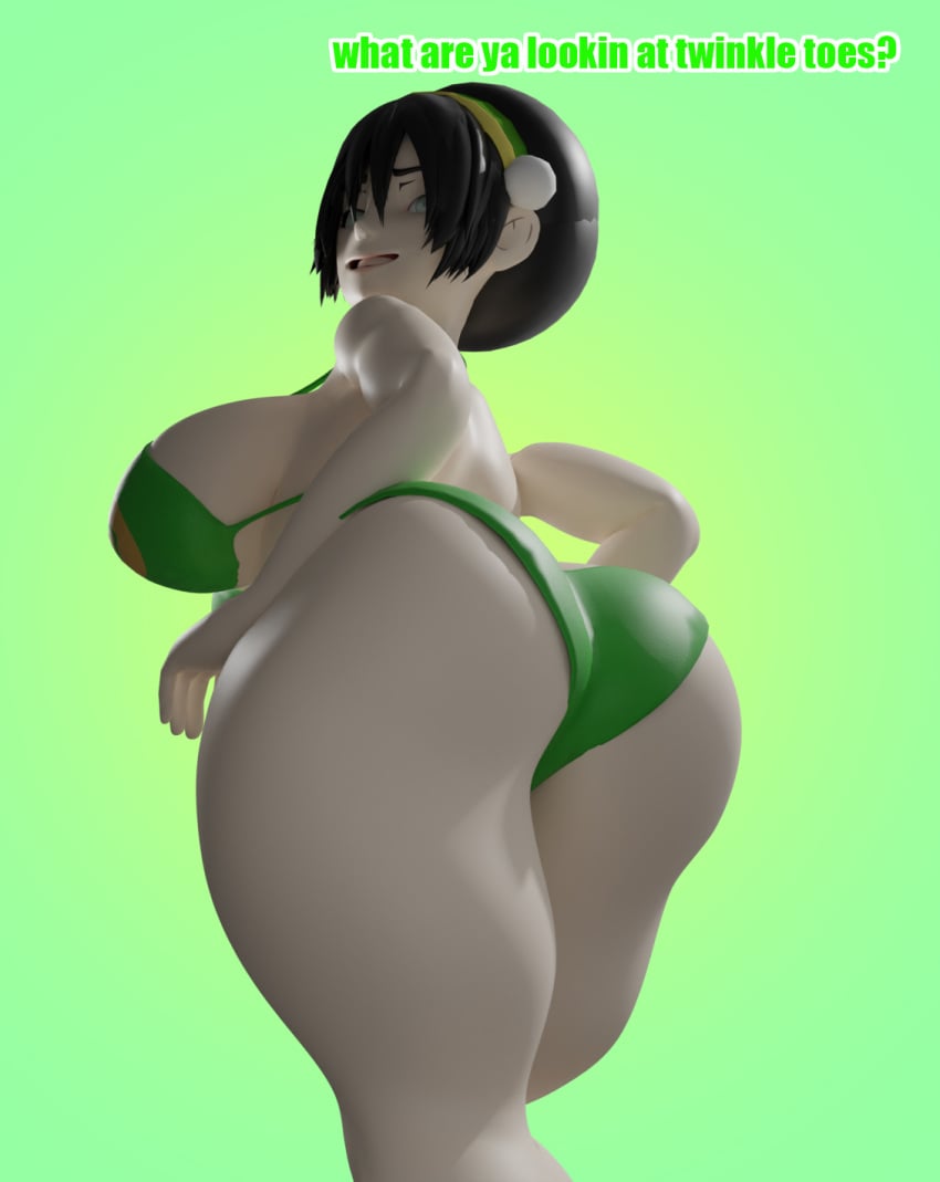 1girls 3d alternate_breast_size ass ass_focus avatar_the_last_airbender bikini breasts english_text female female_only large_ass large_breasts sfm solo susknuckles text toph_bei_fong viewed_from_below