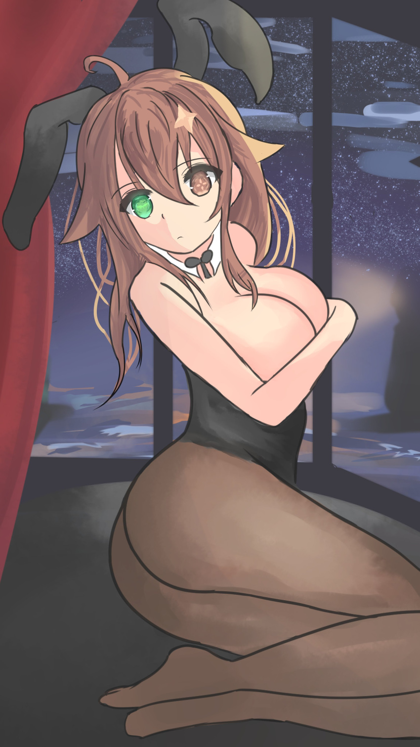 1girls breasts brown_eyes brown_hair bunnysuit cleavage fake_animal_ears fake_rabbit_ears fishnets former_idol_corp_member green_eyes hair_ornament heterochromia huge_breasts idol_corp idol_es indie_virtual_youtuber latam_virtual_youtuber meica playboy_bunny rabbit_ears solo virtual_youtuber vtuber youtube