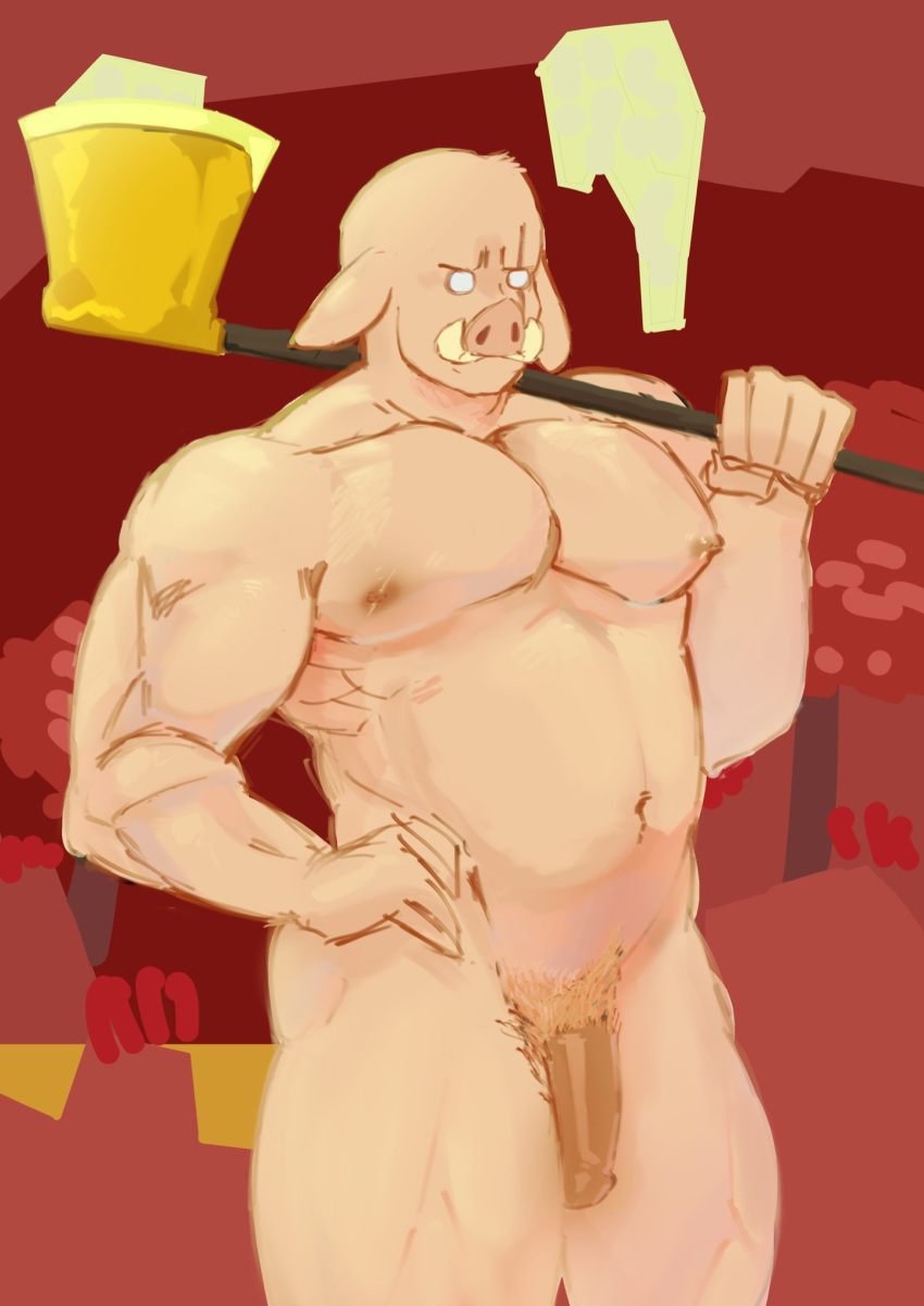 anthro axe balls bara barazoku flaccid furry male male_only minecraft muscles muscular nether nude penis pig pigeonpantonium piglin porcine scar scar_across_eye solo solo_male suina sus_(pig)