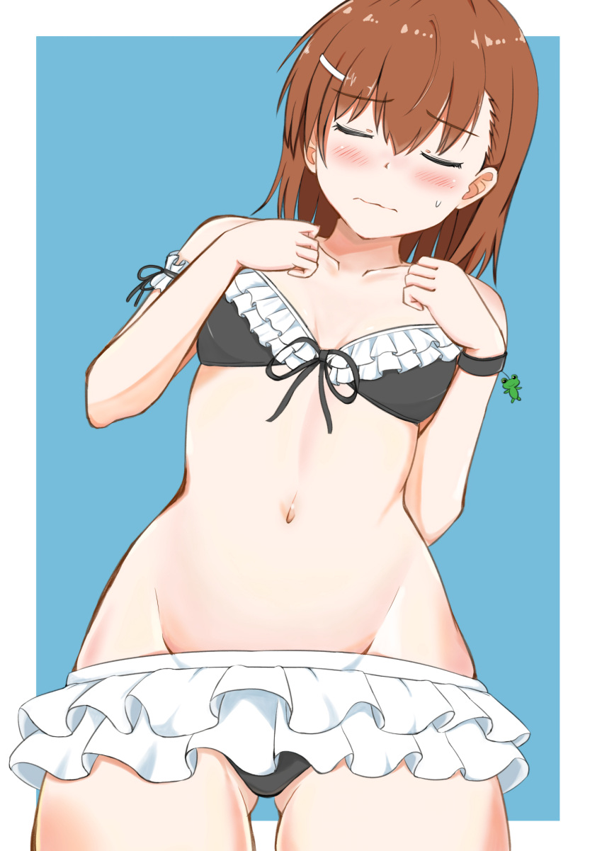 10s 1girls 2019 3535mb bare_shoulders blush breasts brown_hair closed_eyes collarbone embarrassed female frilled_bikini frilled_skirt frills gekota hi_res midriff misaka_mikoto navel short_hair small_breasts solo sweatdrop teenage_girl teenager to_aru_kagaku_no_railgun to_aru_majutsu_no_index young