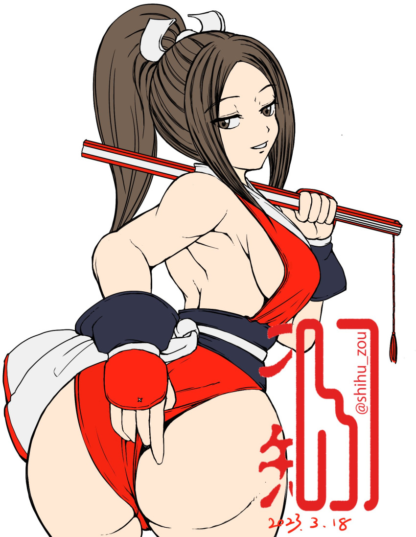 1girls ass bent_over big_ass big_breasts breasts brown_eyes brown_hair busty fatal_fury female female_only fingerless_gloves gloves hand_fan highres huge_ass king_of_fighters large_breasts legs leotard leotard_pull long_hair looking_at_viewer looking_back mai_shiranui naughty_face parted_lips ponytail pose posing seductive_smile sensual shihu_zou sideboob smile snk solo teasing thick_thighs thighs voluptuous