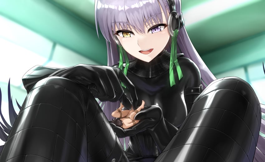 1boy black_bodysuit bodysuit brown_hair fate_(series) female giantess handjob heterochromia kingprotea kingprotea_(alter) long_hair nm_(tshell2761) open_mouth purple_eyes purple_hair restrained yellow_eyes