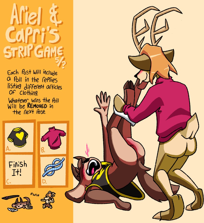 absurd_res anthro ariel_(deerkid) ass assisted_exposure barefoot black_clothing black_shirt black_t-shirt black_topwear blush bovid briefs brown_body brown_fur brown_hair capri_(deerkid) caprine clothing crying_out deer deerkid detailed_background english_text feet female fur goat hair hi_res hooves horn male male/female mammal orange_hair red_clothing red_sweater red_topwear reddened_butt robablo rope shirt smile sweater t-shirt tan_body tan_fur text tighty_whities topwear underwear white_briefs white_clothing white_underwear yellow_seam_shirt yellow_seam_t-shirt