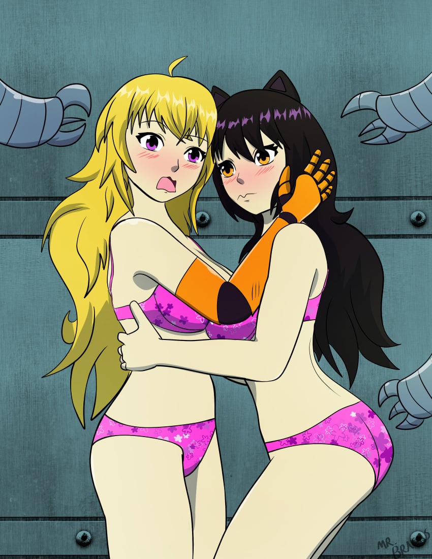 2girls amputee black_hair blake_belladonna blush blush_lines childish_panties dubious_consent embarrassed holding_each_other light-skinned_female light_skin long_hair mrbragas panties patreon_reward print_panties prosthetic prosthetic_arm purple_eyes robotic_arm rooster_teeth rwby simple_background tagme yang_xiao_long yellow_eyes yellow_hair