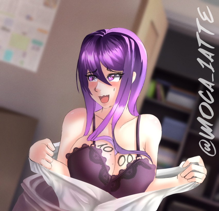 1girls arms_spread big_breasts blush bra classroom closet ddlc_background doki_doki_literature_club embarrassed female light-skinned_female light_skin looking_away milestone_celebration moca_1atte open_mouth purple_bra purple_eyes purple_hair solo standing sweat sweatdrop undressing yuri_(doki_doki_literature_club)