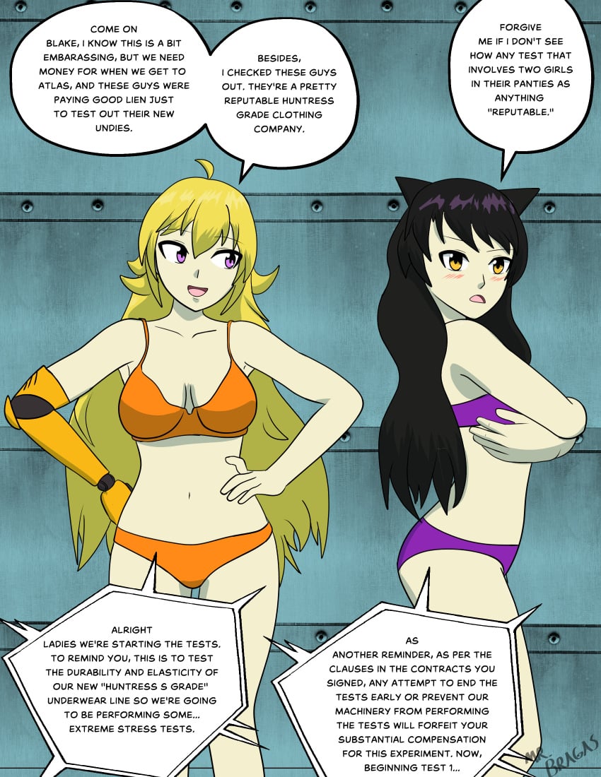 2girls ahoge amputee black_hair blake_belladonna blush blush_lines dubious_consent embarrassed holding_each_other light-skinned_female light_skin long_hair mrbragas orange_bra orange_panties orange_underwear patreon_reward prosthetic prosthetic_arm purple_bra purple_eyes purple_panties purple_underwear robotic_arm rooster_teeth rwby simple_background speech_bubble tagme text yang_xiao_long yellow_eyes yellow_hair