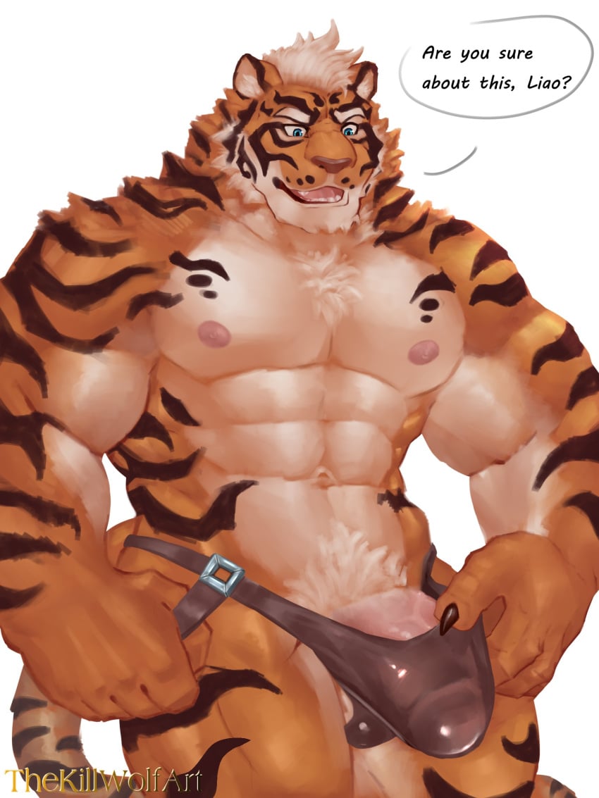 2022 abs absurd_res anthro areola artist_name barazoku biceps black_body black_fur black_stripes blue_eyes bulge clothed clothing digital_media_(artwork) english_text eyebrows felid fur genitals hair hi_res jockstrap lin_hu male mammal muscular muscular_anthro muscular_male muscular_thighs navel nekojishi nipples offscreen_character open_mouth orange_body orange_fur pantherine pecs penis pubes quads solo speech_bubble striped_body striped_fur stripes studio_klondike talking_to_another tan_body tan_fur tan_hair teeth text thekillwolf thick_thighs tiger tongue underwear underwear_only vein veiny_penis