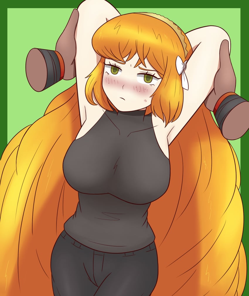 1boy 1girls arm_grab armpits arms_held_up arms_up big_breasts black_pants black_tank_top blush bow collarbone curly_hair freckles green_eyes hair_ornament heathcliff_(limbus_company) ishmael_(limbus_company) large_breasts leud limbus_company long_hair looking_at_viewer orange_hair project_moon standing sweat tank_top very_long_hair wrist_grab