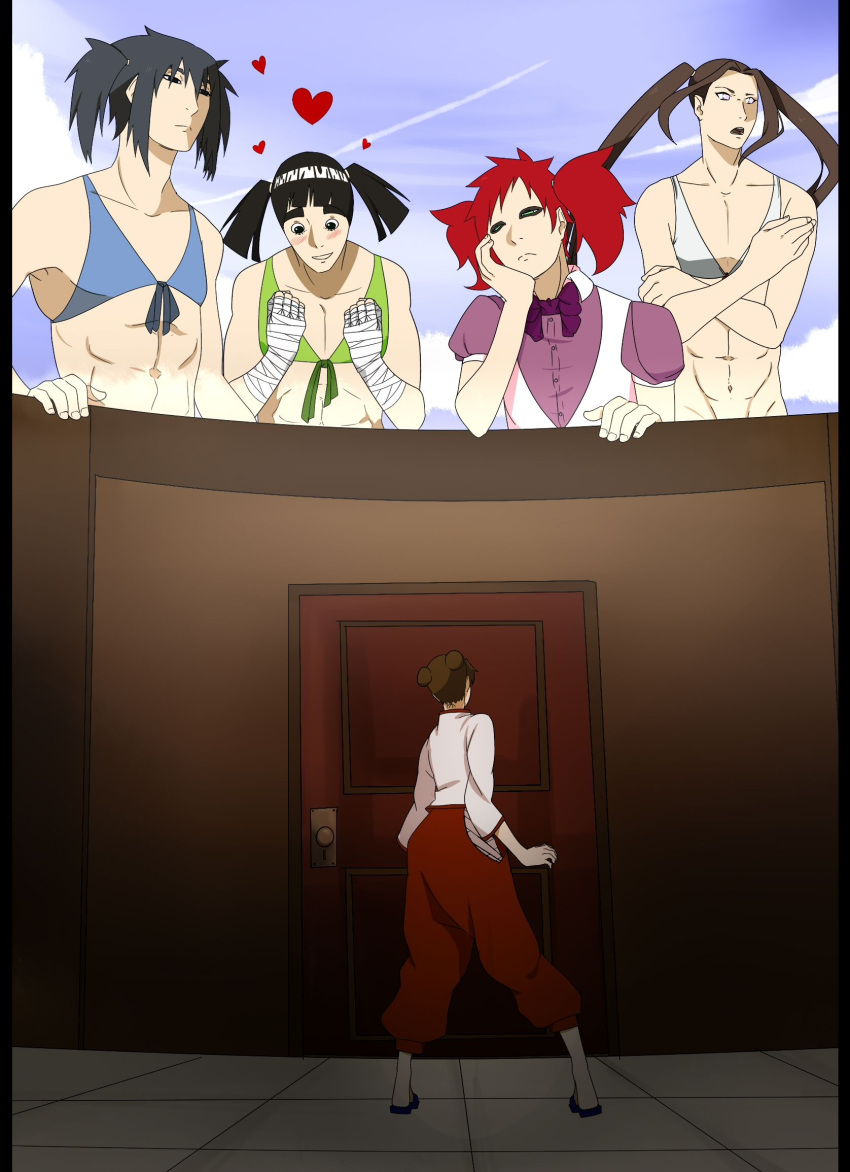 1girls 4boys annoyed annoyed_expression bikini bikini_top black_hair blush bored bored_expression brown_hair crossdressing crossdressing_male double_bun dress embarrassed femboy feminine_male gaara giant giant_male goldenstargirl-chan harem height_difference hyuuga_neji long_hair looking_at_another looking_at_partner multiple_boys muscular muscular_male naruto naruto_(series) naruto_shippuden pecs red_hair reverse_harem rock_lee sasuke_uchiha short_hair size_difference smaller_female swimsuit taller_male tenten tied_hair tiny_female tiny_person toned toned_male twin_buns twintails uchiha_sasuke very_long_hair