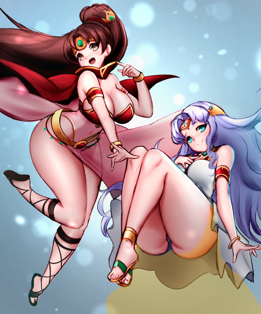 2girls absurdres alternate_costume ass bare_shoulders blue_eyes breasts brown_eyes brown_hair cleavage covered_navel female female_only fire_emblem fire_emblem:_mystery_of_the_emblem fire_emblem:_thracia_776 fire_emblem_heroes floating highres jaxartdump jaxdrawz large_ass large_breasts legs light_purple_hair linde_(fire_emblem) linde_(khadein)_(fire_emblem) long_hair looking_at_viewer multiple_girls nintendo official_alternate_costume open_mouth parted_bangs ponytail sandals sara_(fire_emblem) sara_(khadein)_(fire_emblem) smile thick_thighs thighs