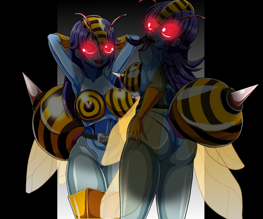 2girls bee bee_girl bee_woman insect_abdomen insect_girl insect_wings insects kamen_rider multiple_girls navel nipples post_transformation pussy sting tengukizoku thick_thighs tongue_out transformation wide_hips