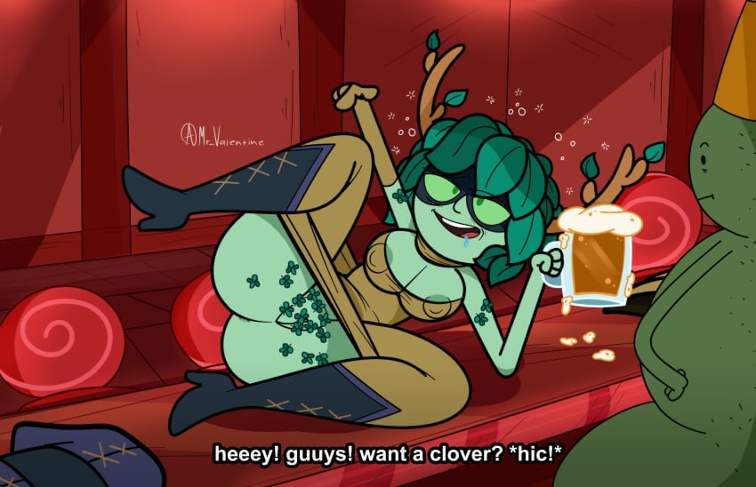 2d adventure_time bent_over_table big_breasts cartoon_network clothed clothing clover drink drinking drunk green-skinned_female green_skin huntress_wizard m_legs mr_valentine00 root_beer semi-naked tavern text